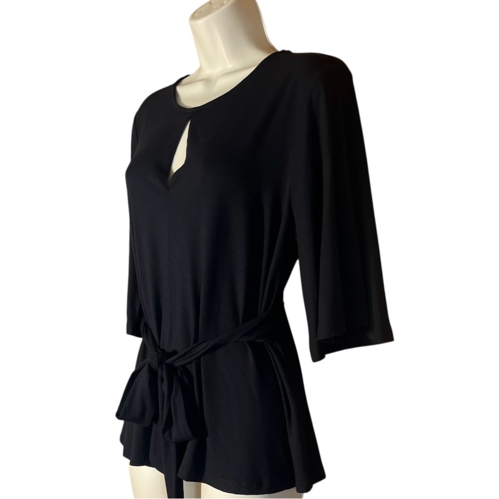 Peruvian Connection Black Keyhole Top Tie Waist Flutter Sleeve Stretch Blouse M - Picture 5 of 14